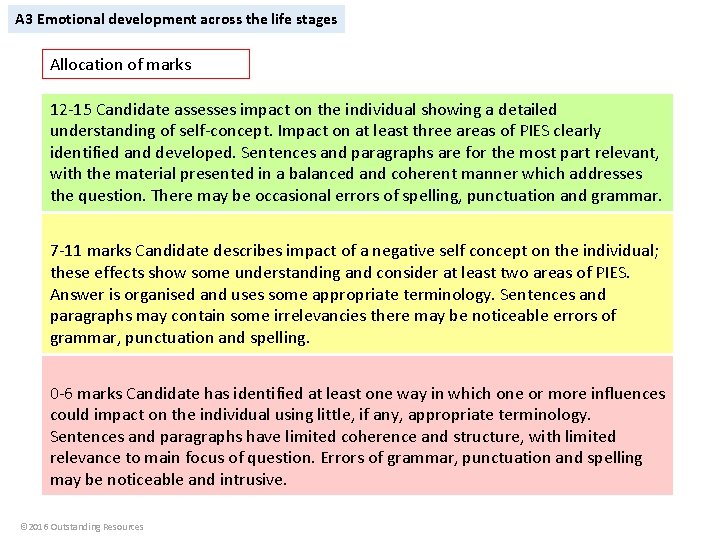 A 3 Emotional development across the life stages Allocation of marks 12 -15 Candidate