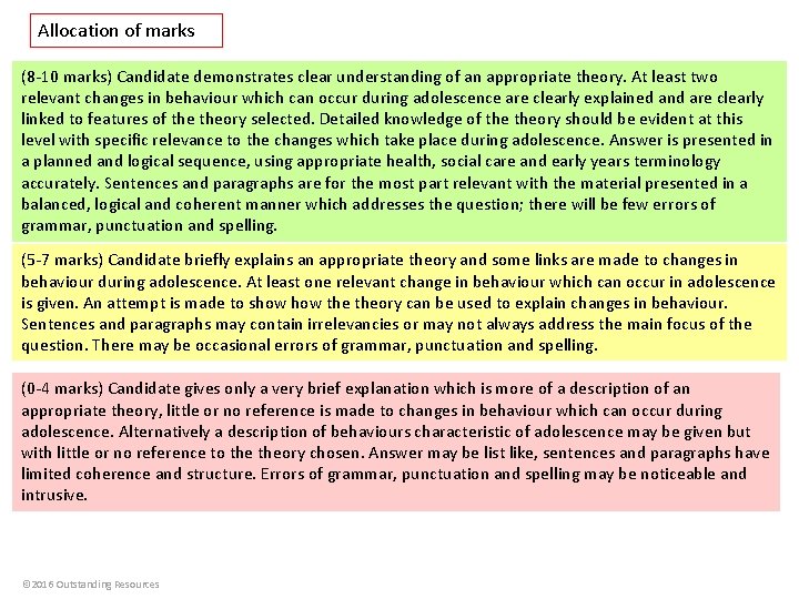 Allocation of marks (8 -10 marks) Candidate demonstrates clear understanding of an appropriate theory.