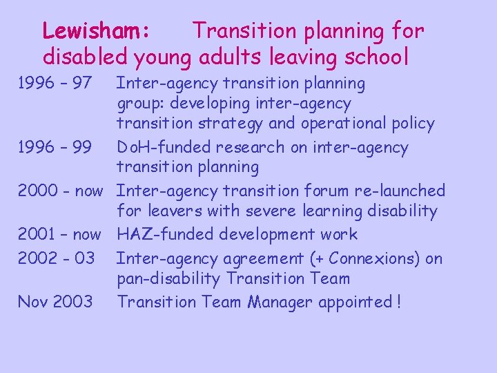 Lewisham: Transition planning for disabled young adults leaving school 1996 – 97 Inter-agency transition