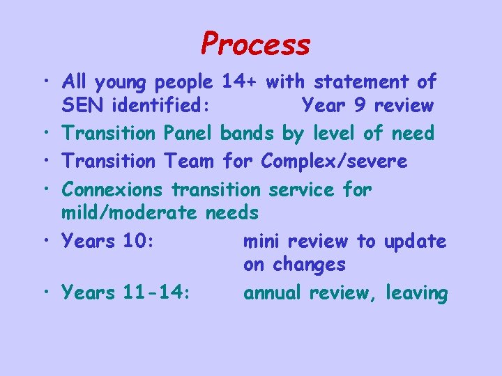 Process • All young people 14+ with statement of SEN identified: Year 9 review