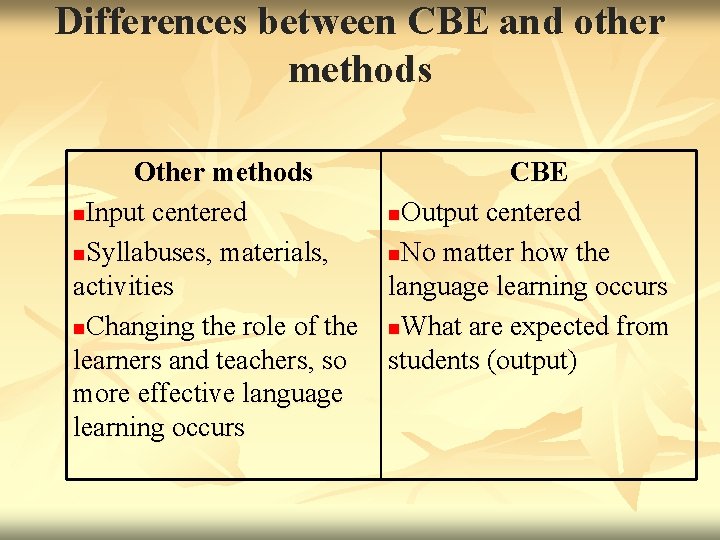 Differences between CBE and other methods Other methods n. Input centered n. Syllabuses, materials,