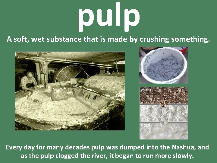 pulp A soft, wet substance that is made by crushing something. Every day for