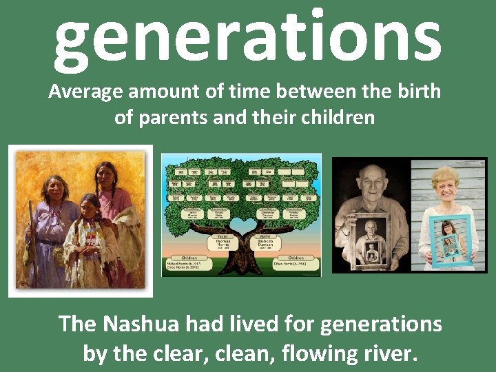 generations Average amount of time between the birth of parents and their children The