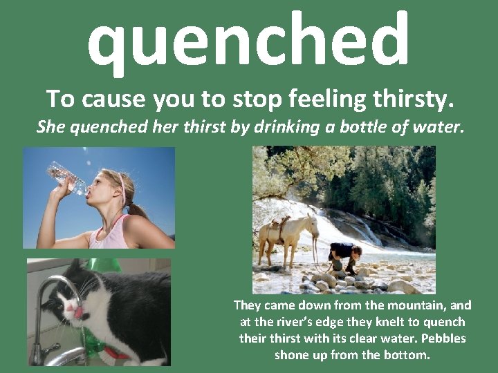quenched To cause you to stop feeling thirsty. She quenched her thirst by drinking