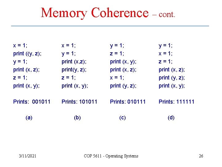 Memory Coherence – cont. x = 1; print ((y, z); y = 1; print