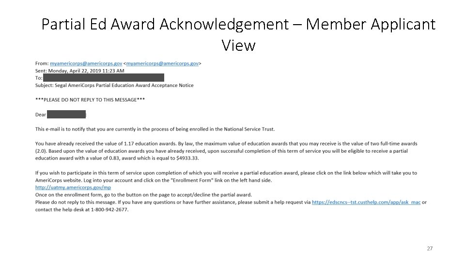 Partial Ed Award Acknowledgement – Member Applicant View 27 
