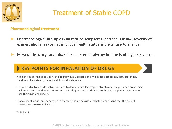 Treatment of Stable COPD Pharmacological treatment ► Pharmacological therapies can reduce symptoms, and the