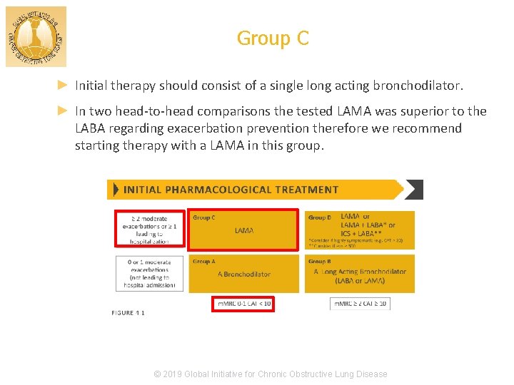 Group C ► Initial therapy should consist of a single long acting bronchodilator. ►