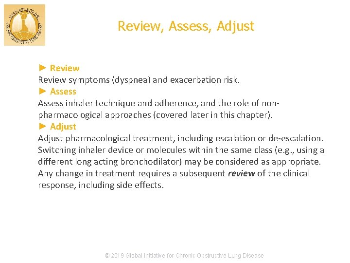 Review, Assess, Adjust ► Review symptoms (dyspnea) and exacerbation risk. ► Assess inhaler technique