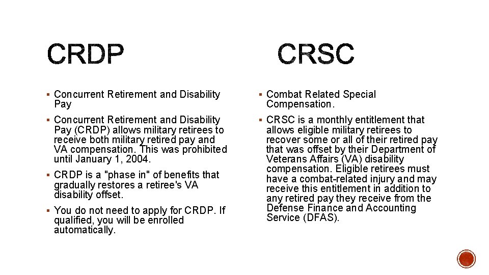 § Concurrent Retirement and Disability § Combat Related Special § Concurrent Retirement and Disability