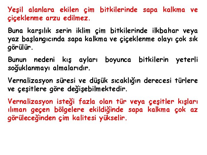 Yeşil alanlara ekilen çim bitkilerinde sapa kalkma ve çiçeklenme arzu edilmez. Buna karşılık serin