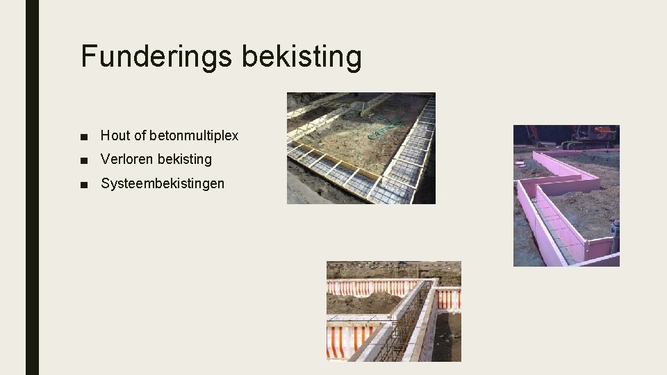 Funderings bekisting ■ Hout of betonmultiplex ■ Verloren bekisting ■ Systeembekistingen 