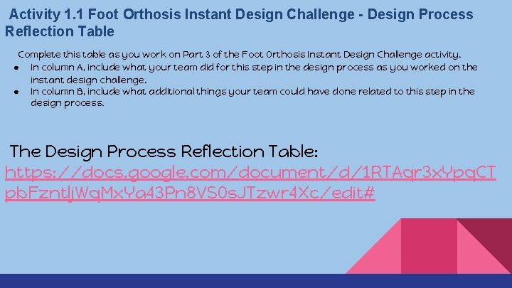 Activity 1. 1 Foot Orthosis Instant Design Challenge - Design Process Reflection Table Complete