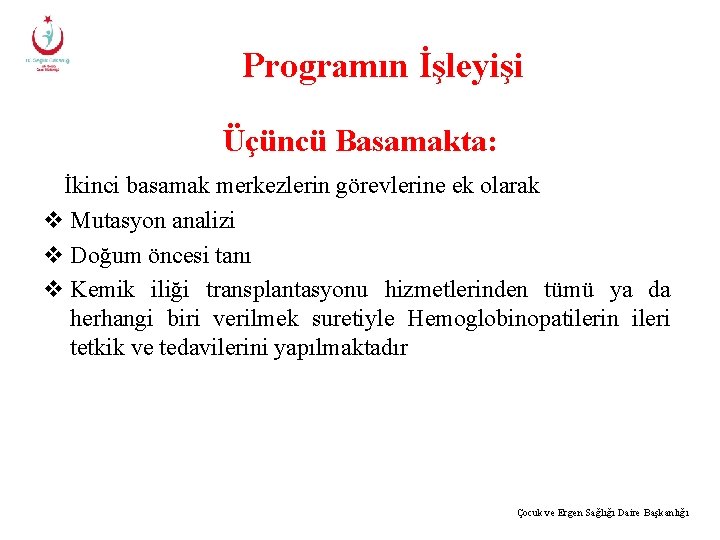 Programın İşleyişi Üçüncü Basamakta: İkinci basamak merkezlerin görevlerine ek olarak v Mutasyon analizi v