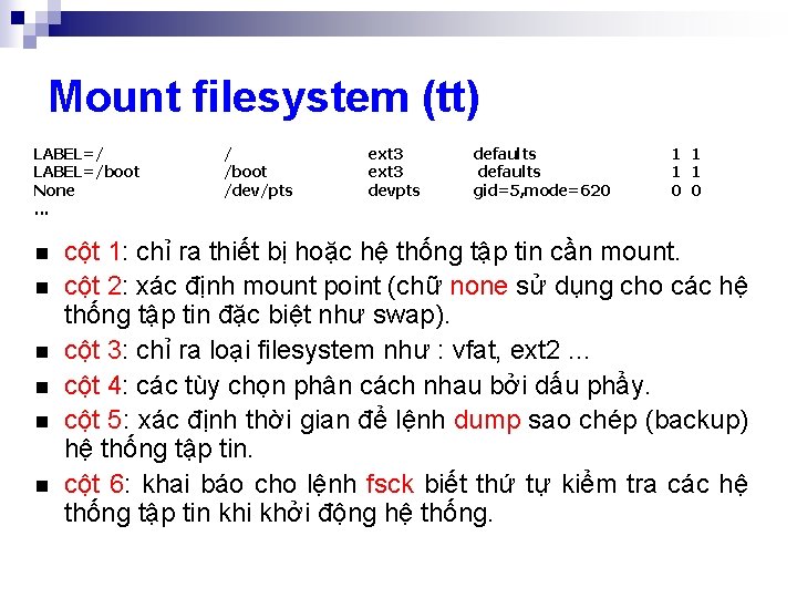 Mount filesystem (tt) LABEL=/boot None. . . n n n / /boot /dev/pts ext