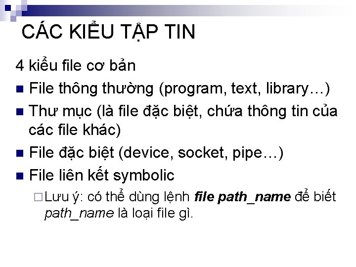 CÁC KIỂU TẬP TIN 4 kiểu file cơ bản n File thông thường (program,