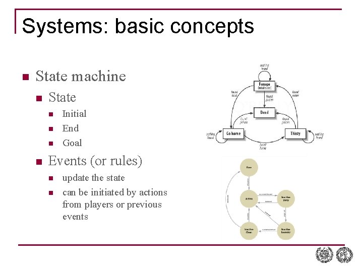 Systems: basic concepts n State machine n State n n Initial End Goal Events