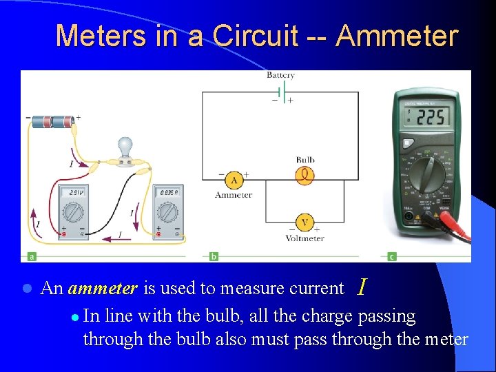 Meters in a Circuit -- Ammeter l An ammeter is used to measure current