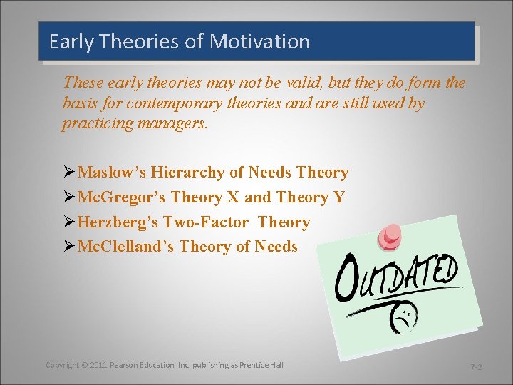 Early Theories of Motivation These early theories may not be valid, but they do