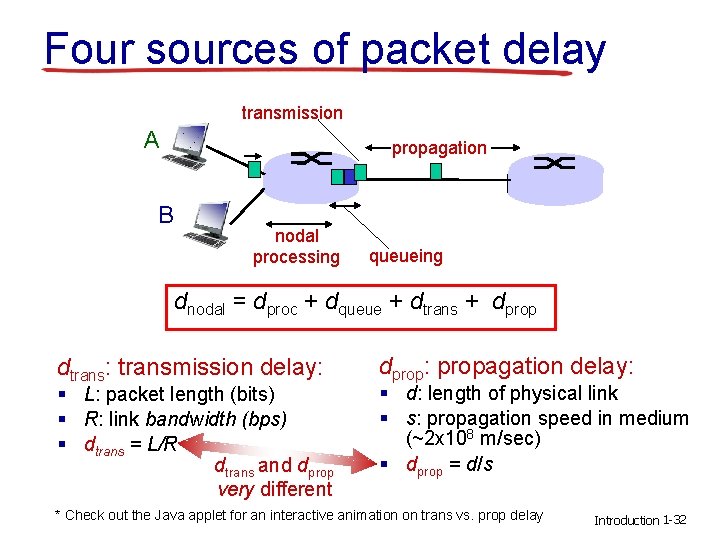 Four sources of packet delay transmission A propagation B nodal processing queueing dnodal =