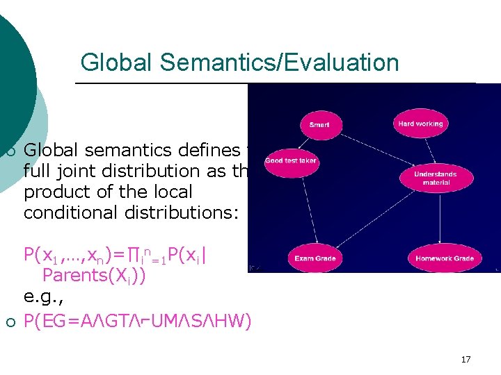 Global Semantics/Evaluation ¡ ¡ Global semantics defines the full joint distribution as the product