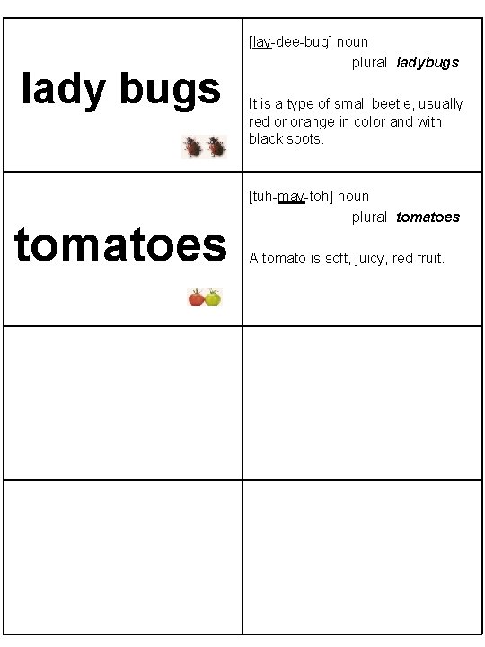 lady bugs tomatoes [lay-dee-bug] noun plural ladybugs It is a type of small beetle,