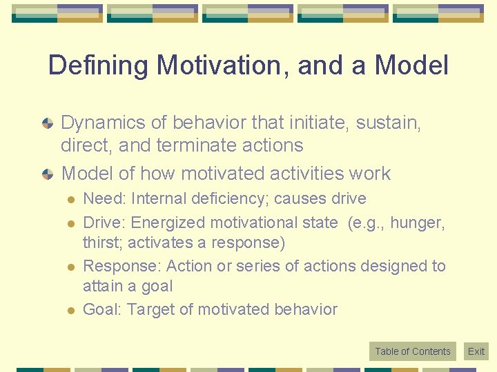 Defining Motivation, and a Model Dynamics of behavior that initiate, sustain, direct, and terminate