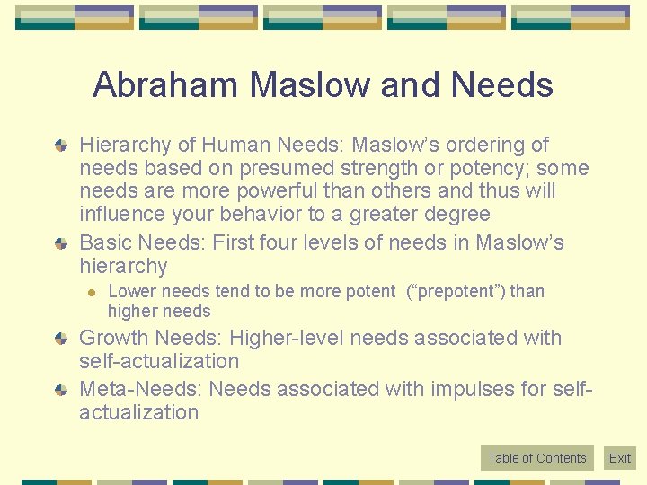 Abraham Maslow and Needs Hierarchy of Human Needs: Maslow’s ordering of needs based on