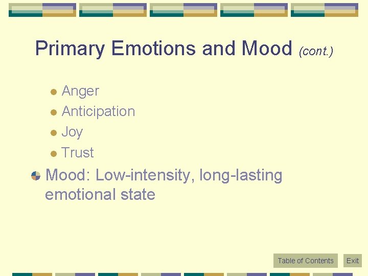 Primary Emotions and Mood (cont. ) Anger l Anticipation l Joy l Trust l