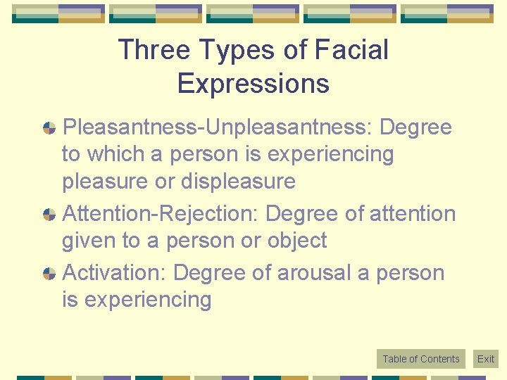 Three Types of Facial Expressions Pleasantness-Unpleasantness: Degree to which a person is experiencing pleasure