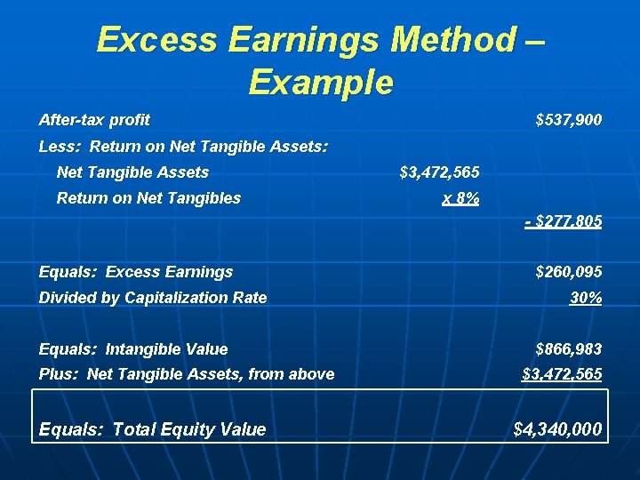 Excess Earnings Method – Example After-tax profit $537, 900 Less: Return on Net Tangible Excess Earnings Method – Example After-tax profit $537, 900 Less: Return on Net Tangible