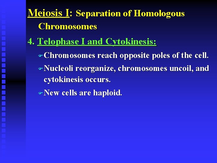 Meiosis I: Separation of Homologous Chromosomes 4. Telophase I and Cytokinesis: F Chromosomes reach