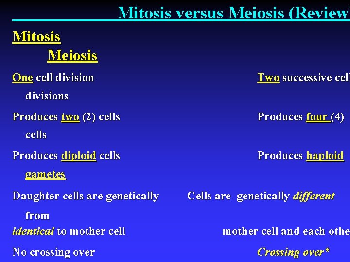 Mitosis versus Meiosis (Review) Mitosis Meiosis One cell division Two successive cell divisions Produces