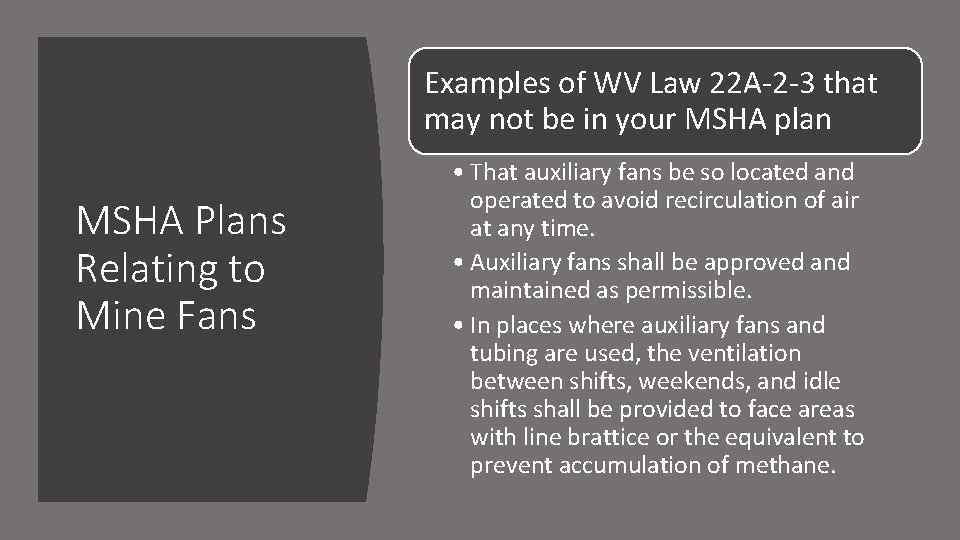 Examples of WV Law 22 A-2 -3 that may not be in your MSHA