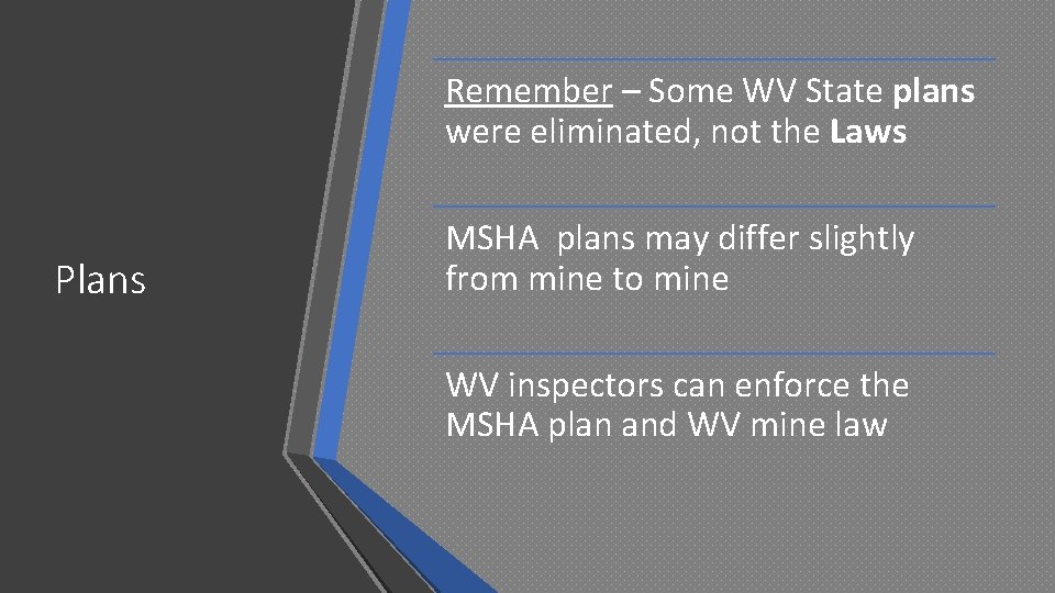 Remember – Some WV State plans were eliminated, not the Laws Plans MSHA plans