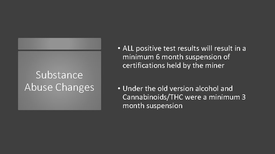 Substance Abuse Changes • ALL positive test results will result in a minimum 6