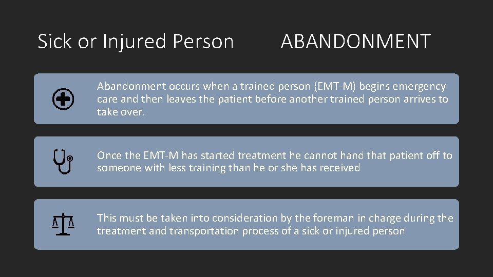 Sick or Injured Person ABANDONMENT Abandonment occurs when a trained person (EMT-M) begins emergency