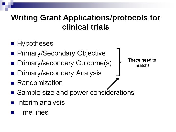 Writing Grant Applications/protocols for clinical trials n n n n Hypotheses Primary/Secondary Objective These