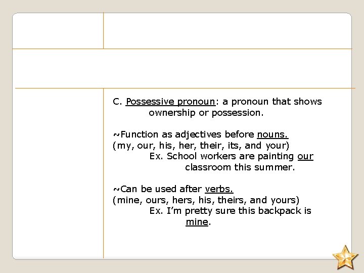 C. Possessive pronoun: a pronoun that shows ownership or possession. ~Function as adjectives before