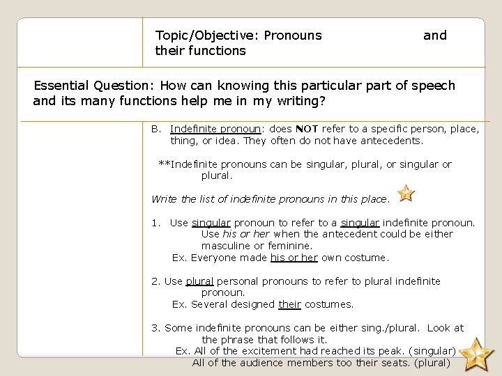 Topic/Objective: Pronouns their functions and Essential Question: How can knowing this particular part of