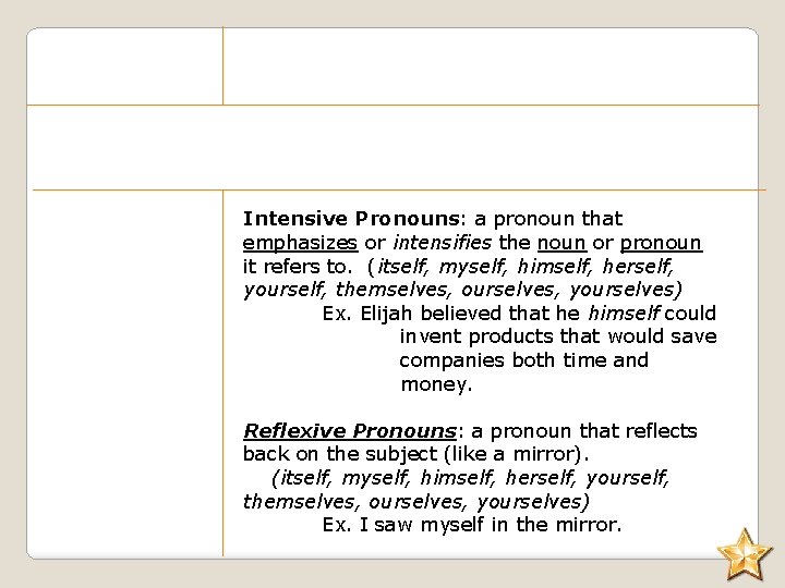 Intensive Pronouns: a pronoun that emphasizes or intensifies the noun or pronoun it refers