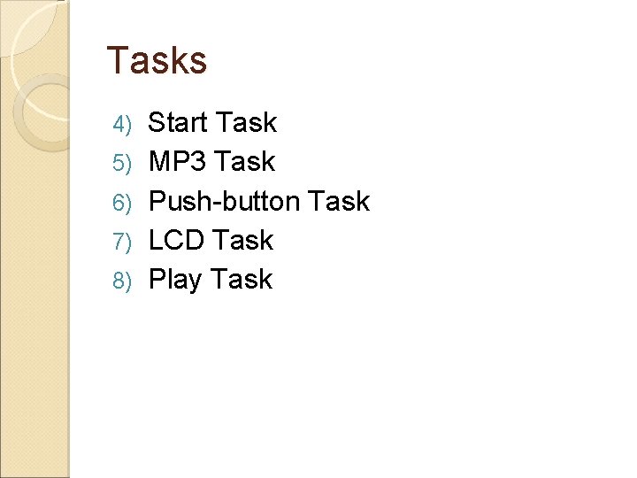 Tasks 4) 5) 6) 7) 8) Start Task MP 3 Task Push-button Task LCD