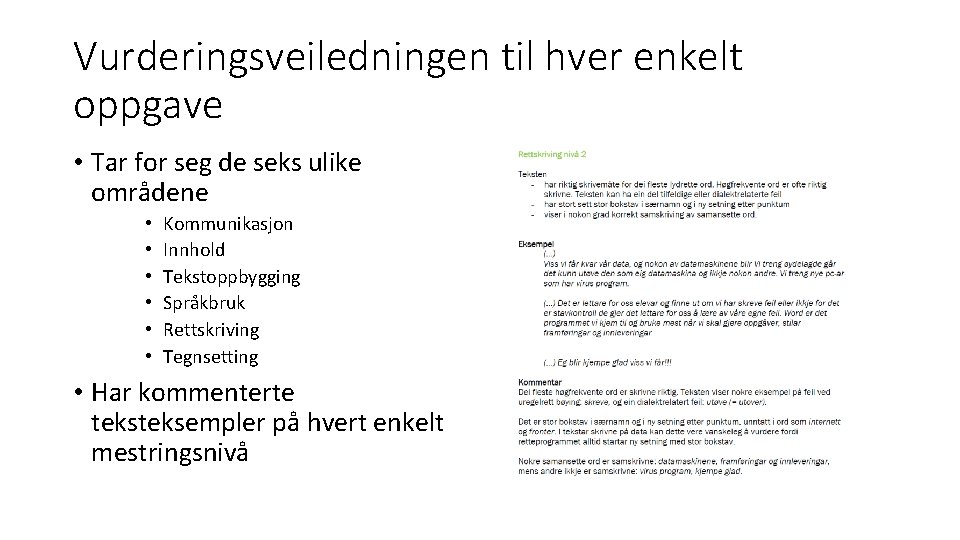 Vurderingsveiledningen til hver enkelt oppgave • Tar for seg de seks ulike områdene • Vurderingsveiledningen til hver enkelt oppgave • Tar for seg de seks ulike områdene •