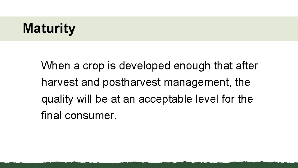 Maturity When a crop is developed enough that after harvest and postharvest management, the