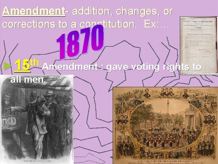 Amendment- addition, changes, or corrections to a constitution. Ex: … th ► 15 Amendment Amendment- addition, changes, or corrections to a constitution. Ex: … th ► 15 Amendment