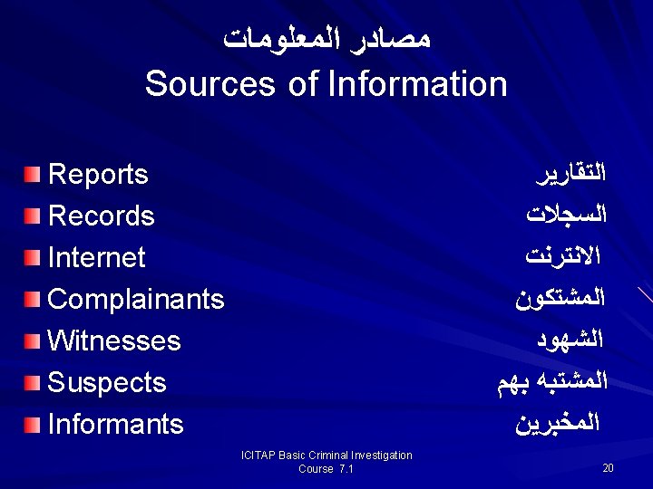 ﻣﺼﺎﺩﺭ ﺍﻟﻤﻌﻠﻮﻣﺎﺕ Sources of Information Reports Records Internet Complainants Witnesses Suspects Informants ﺍﻟﺘﻘﺎﺭﻳﺮ ﻣﺼﺎﺩﺭ ﺍﻟﻤﻌﻠﻮﻣﺎﺕ Sources of Information Reports Records Internet Complainants Witnesses Suspects Informants ﺍﻟﺘﻘﺎﺭﻳﺮ