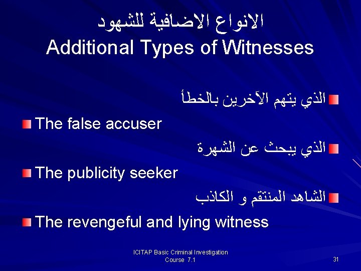 ﺍﻻﻧﻮﺍﻉ ﺍﻻﺿﺎﻓﻴﺔ ﻟﻠﺸﻬﻮﺩ Additional Types of Witnesses ﺍﻟﺬﻱ ﻳﺘﻬﻢ ﺍﻵﺨﺮﻳﻦ ﺑﺎﻟﺨﻄﺄ The false ﺍﻻﻧﻮﺍﻉ ﺍﻻﺿﺎﻓﻴﺔ ﻟﻠﺸﻬﻮﺩ Additional Types of Witnesses ﺍﻟﺬﻱ ﻳﺘﻬﻢ ﺍﻵﺨﺮﻳﻦ ﺑﺎﻟﺨﻄﺄ The false