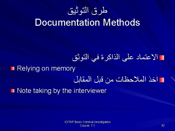  ﻃﺮﻕ ﺍﻟﺘﻮﺛﻴﻖ Documentation Methods ﺍﻻﻋﺘﻤﺎﺩ ﻋﻠﻰ ﺍﻟﺬﺍﻛﺮﺓ ﻓﻲ ﺍﻟﺘﻮﺛﻖ Relying on memory ﺍﺧﺬ