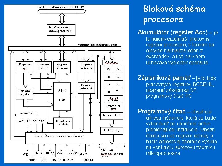 Bloková schéma procesora Akumulátor (register Acc) – je to najuniverzálnejší pracovný register procesora, v