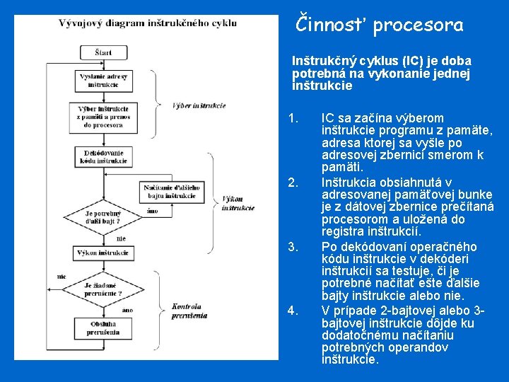 Činnosť procesora Inštrukčný cyklus (IC) je doba potrebná na vykonanie jednej inštrukcie 1. 2.